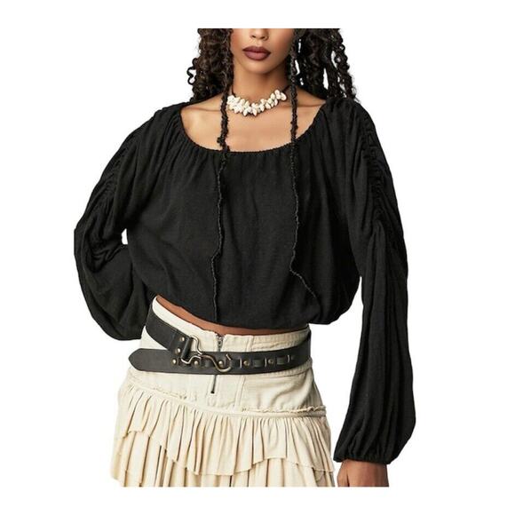 Free People Black In A Dream Balloon Sleeve Elastic Scoop Neck Boho Blouse Med - Picture 1 of 13